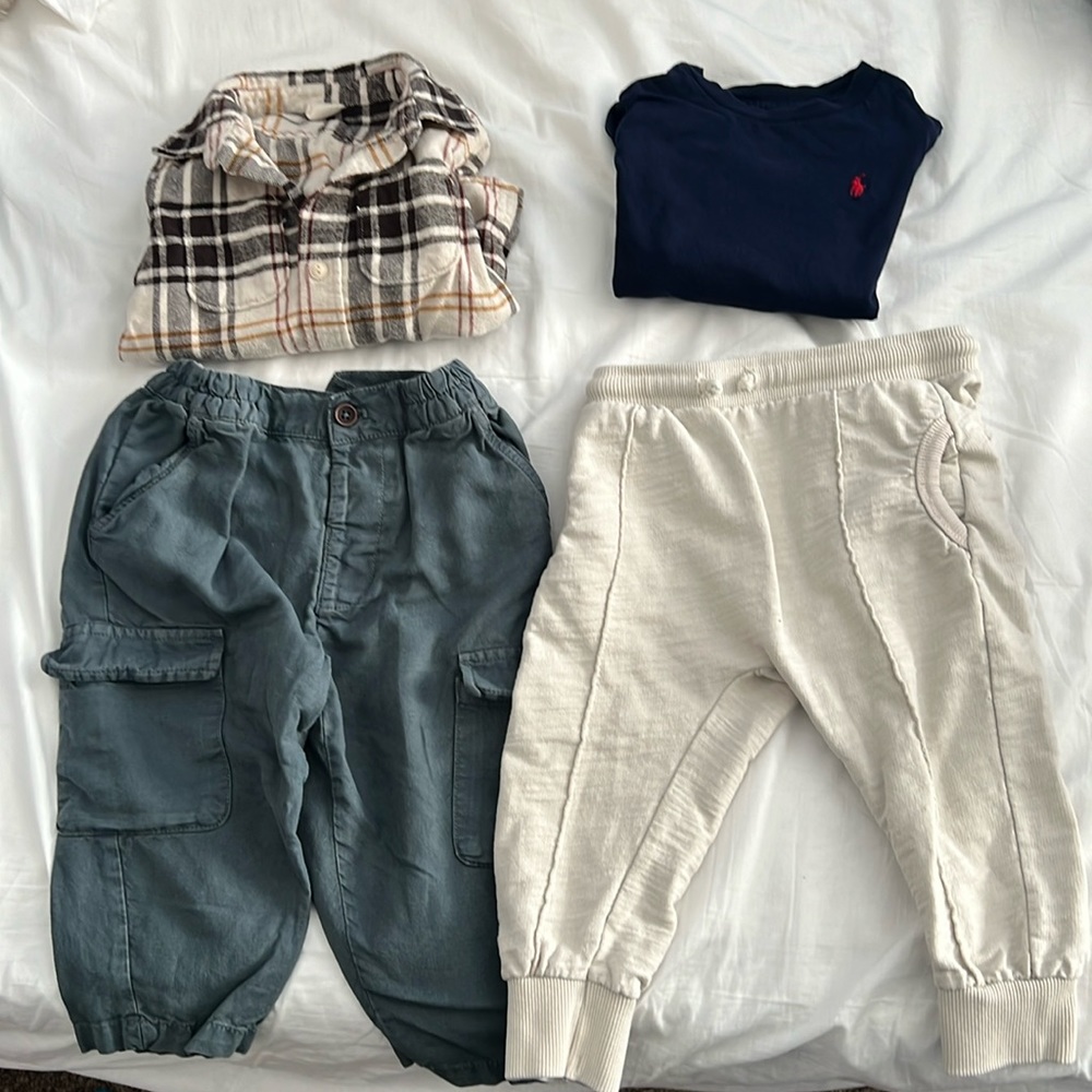 T shirt, button down shirt, two pairs of pants!